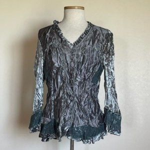 Pretty Angel Gray Crinkled Velvet Jacket w Lace & Pearls sz XL
